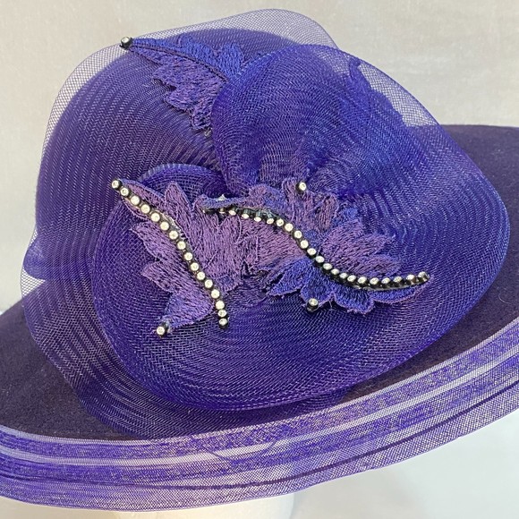 Bellini Womens Hat Purple 100% Wool Wide Brim Ribon Lace Rhinestone Band - Picture 6 of 10